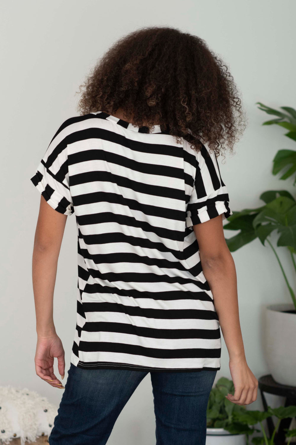 Sew In Love Out and About Full Size Striped Pocket Tee in Black and Ivory