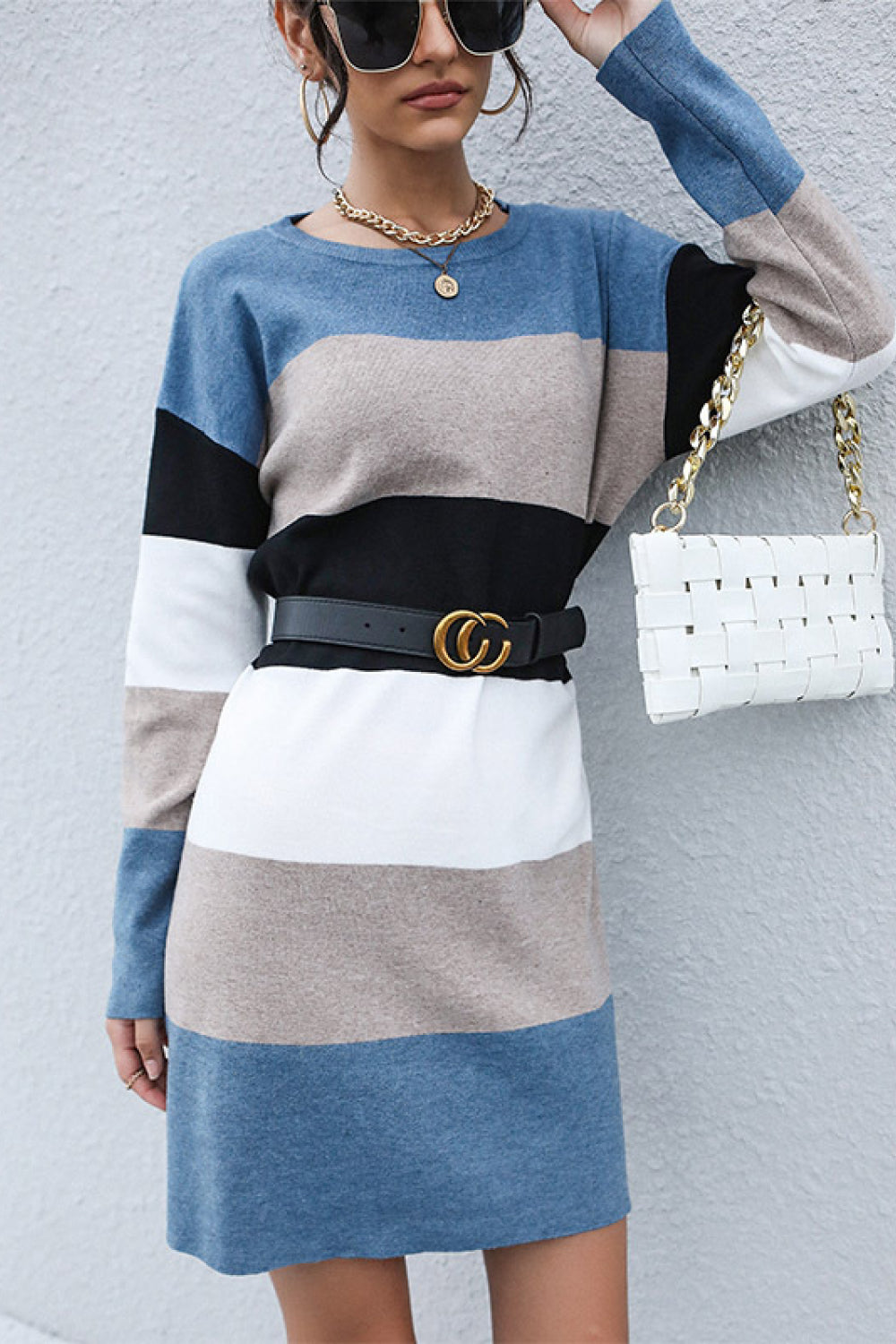 Striped Crewneck Sweater Dress without Belt