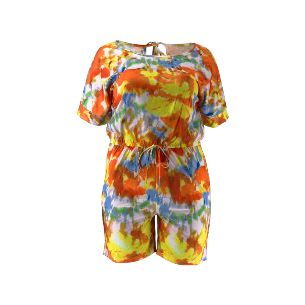 Full Size Tie-Dye Round Neck Romper with Pockets