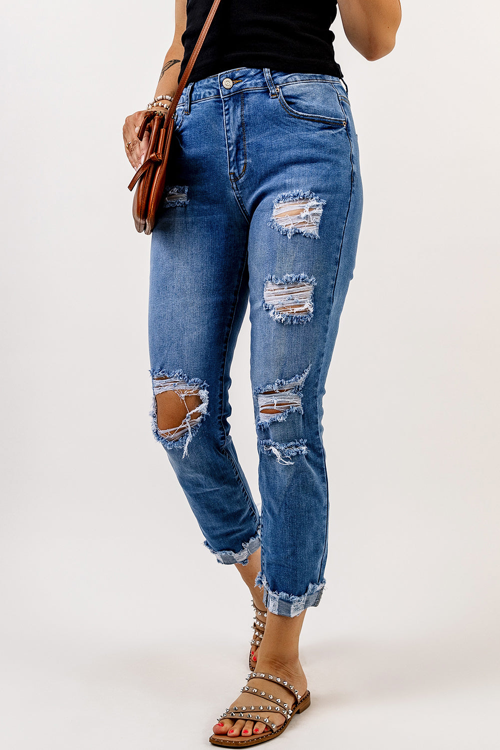 Distressed Cuffed Pocket Jeans