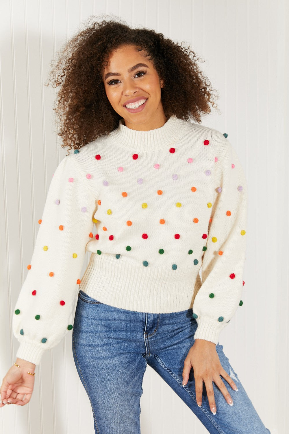 Davi & Dani Pop of Color Full Size Rainbow Pom Pom Sweater