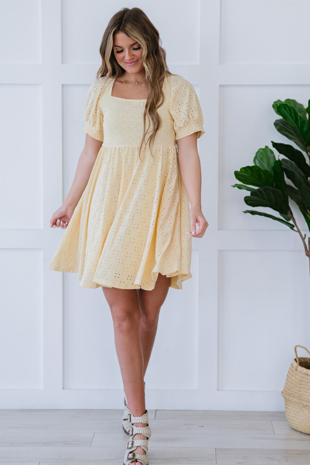 Davi & Dani All About Eyelet Full Size Run Dress in Baby Yellow