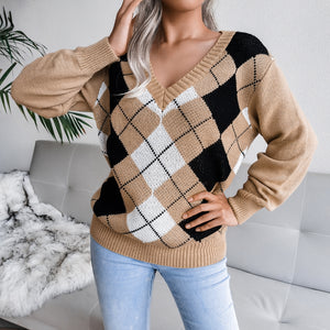 Argyle V-Neck Long Sleeve Sweater