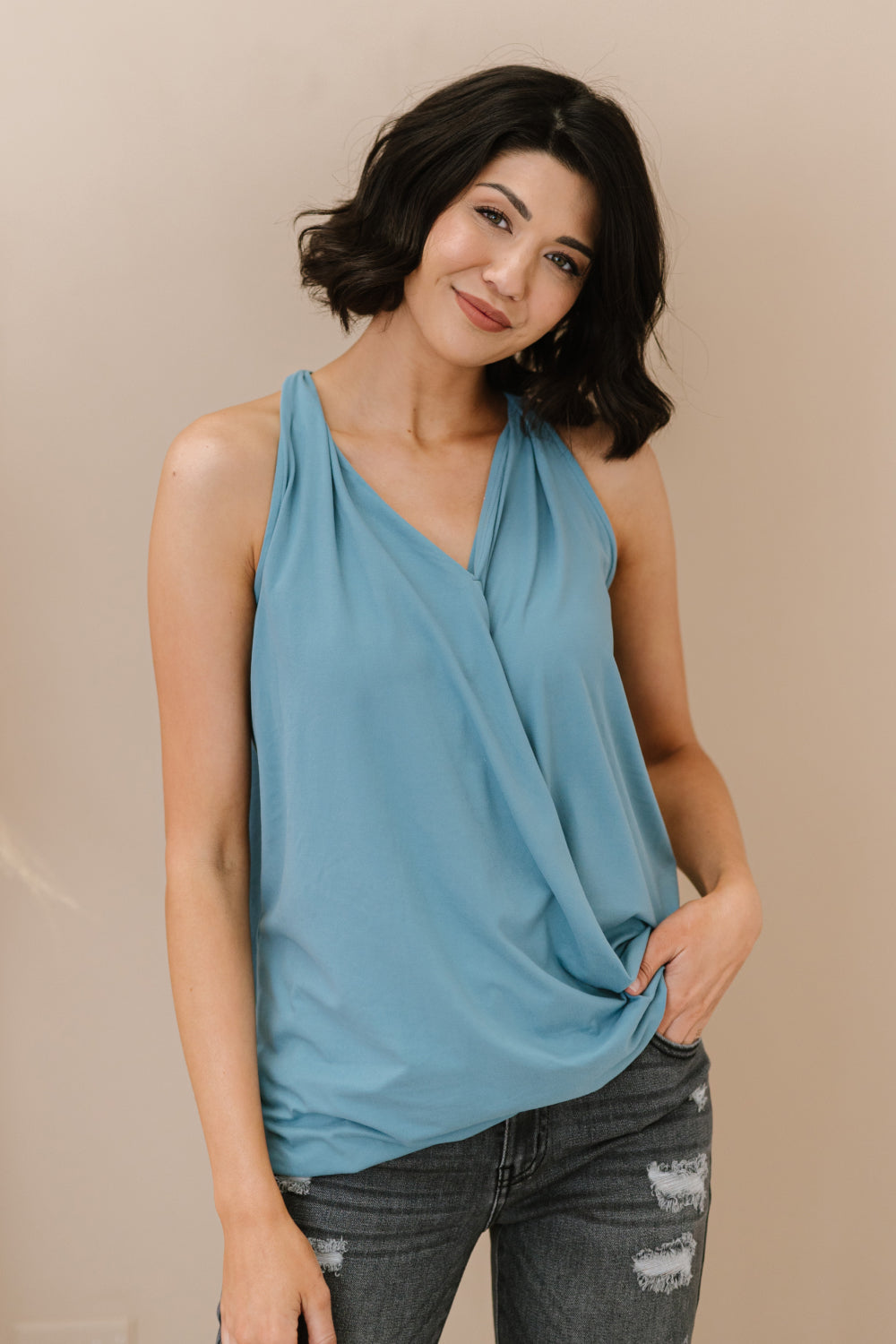 Zenana Cherished Time Full Size Surplice Top in Blue Grey