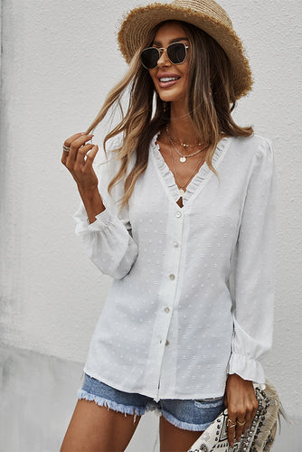 Swiss Dot Frill Trim Shirt