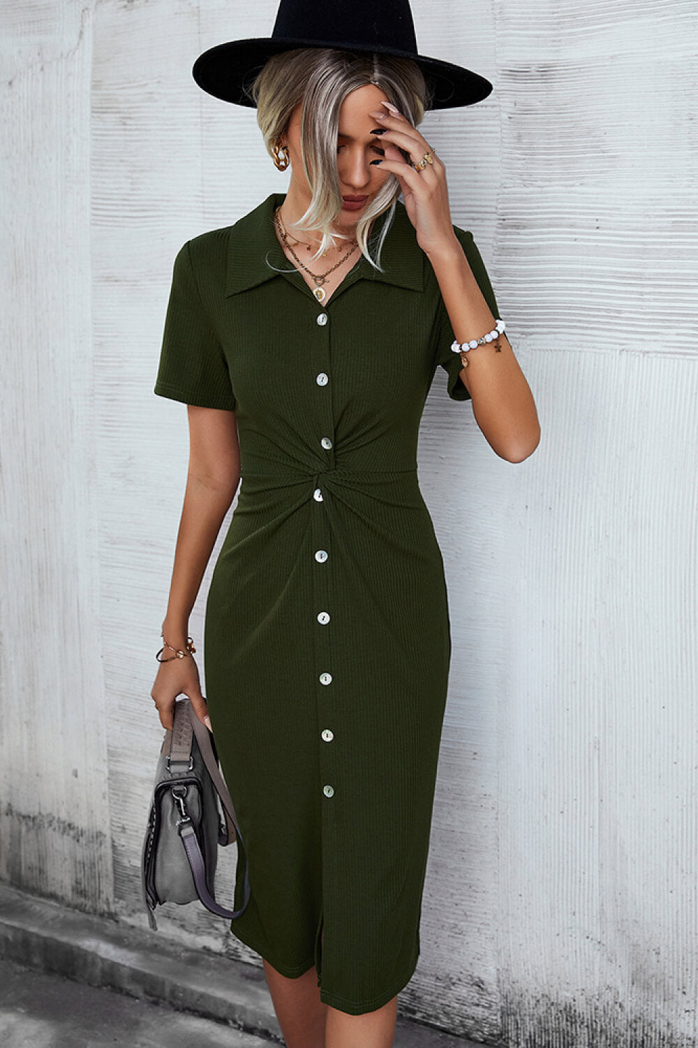 Buttoned Twist Detail Collared Dress