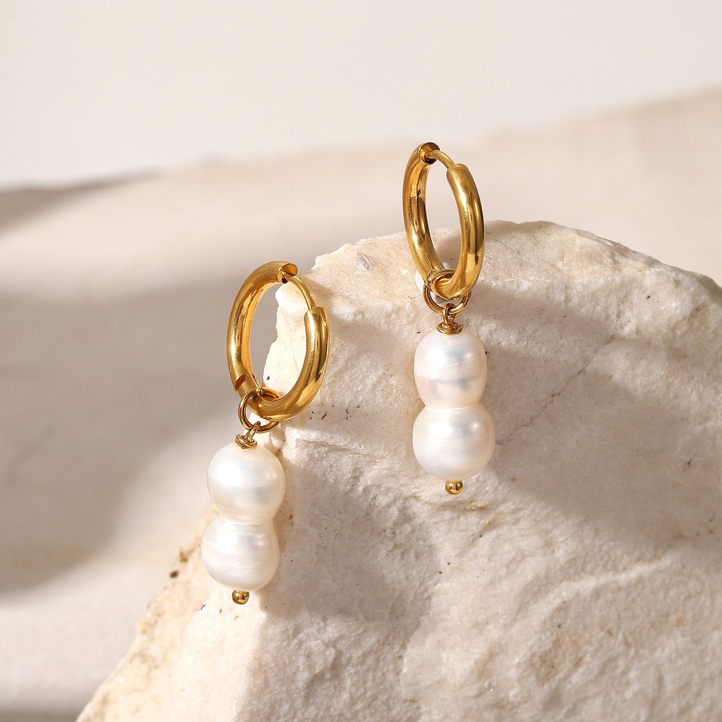 Double Pearl Pendant Huggie Hoop Earrings