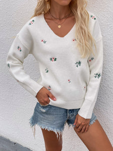 Floral Embroidery V-Neck Sweater