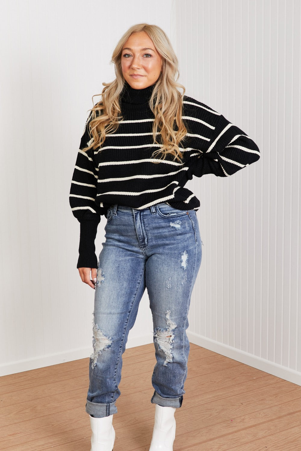 CY Fashion No Worries Full Size Striped Turtleneck Sweater