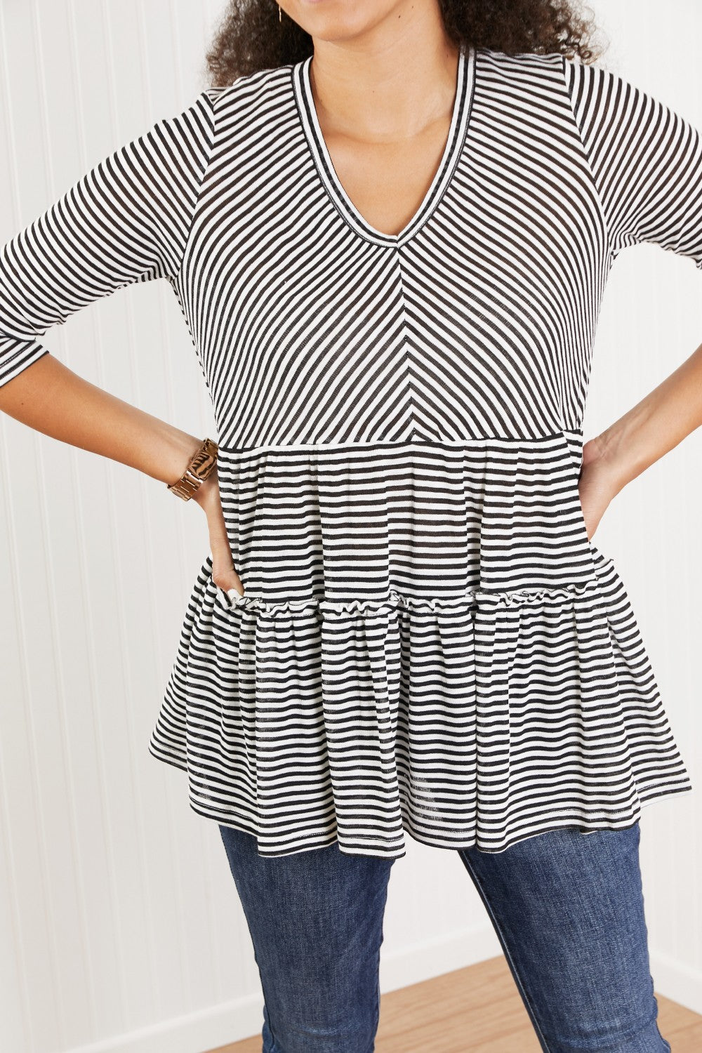 Doe & Rae Full of Love Full Size Striped Tiered Top