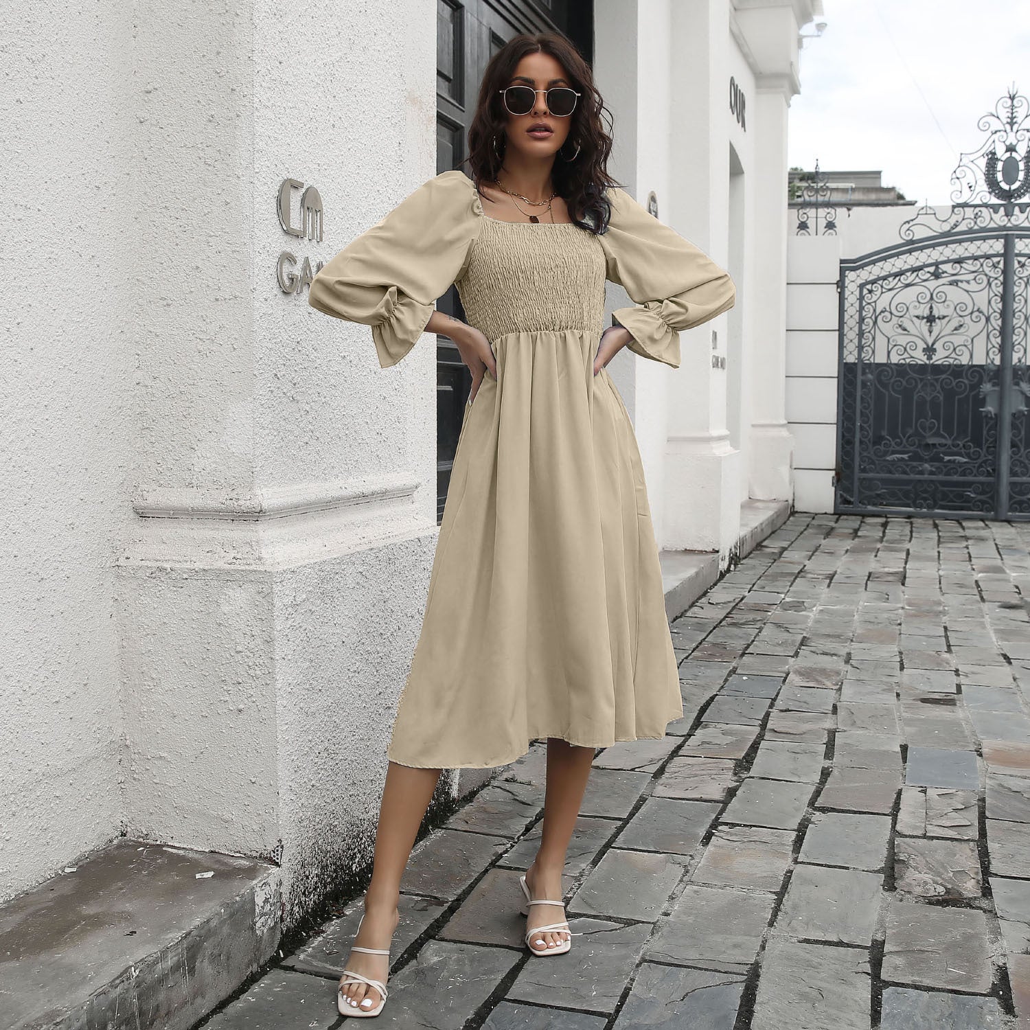 Smocked Square Neck Midi Dress