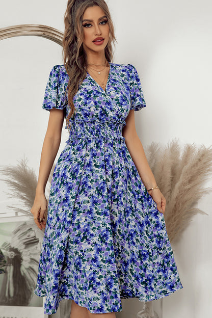 Floral Smocked Waist Surplice Midi Dress