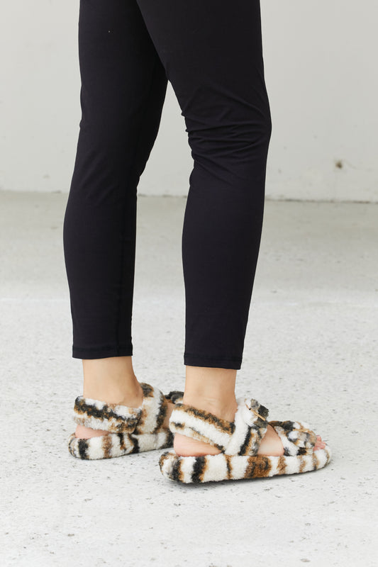 Qupid Cozy Atmosphere Striped Faux Fur Buckled Sandals