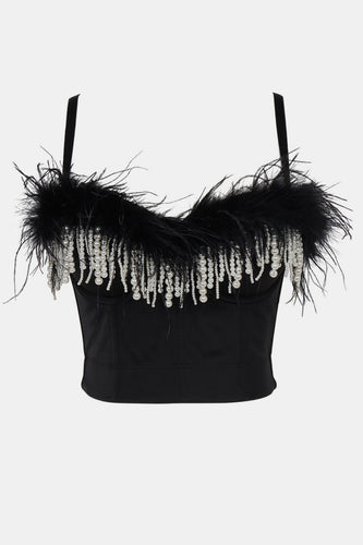 Faux Pearl Fringe and Feather Trim Bustier