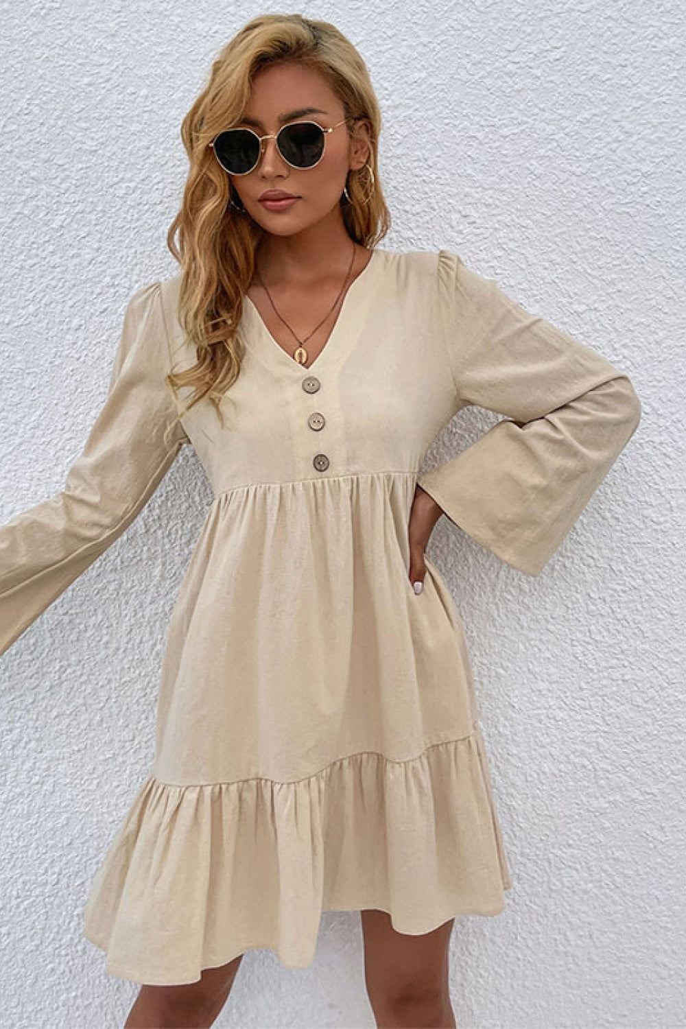 Buttoned Flared Sleeve Tiered Dress