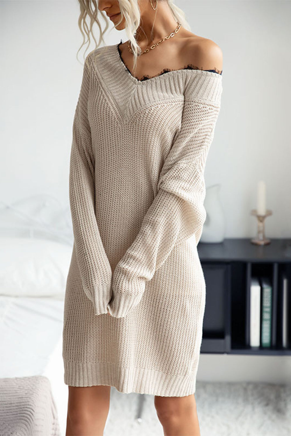 Rib-Knit V-Neck Sweater Dress