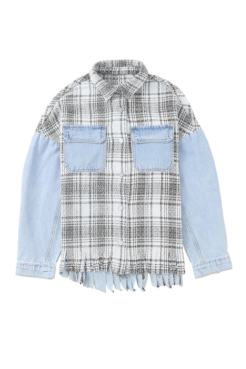 Plaid Fringe Hem Spliced Denim Jacket