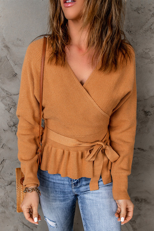 Rib-Knit Belted Open Back Peplum Sweater