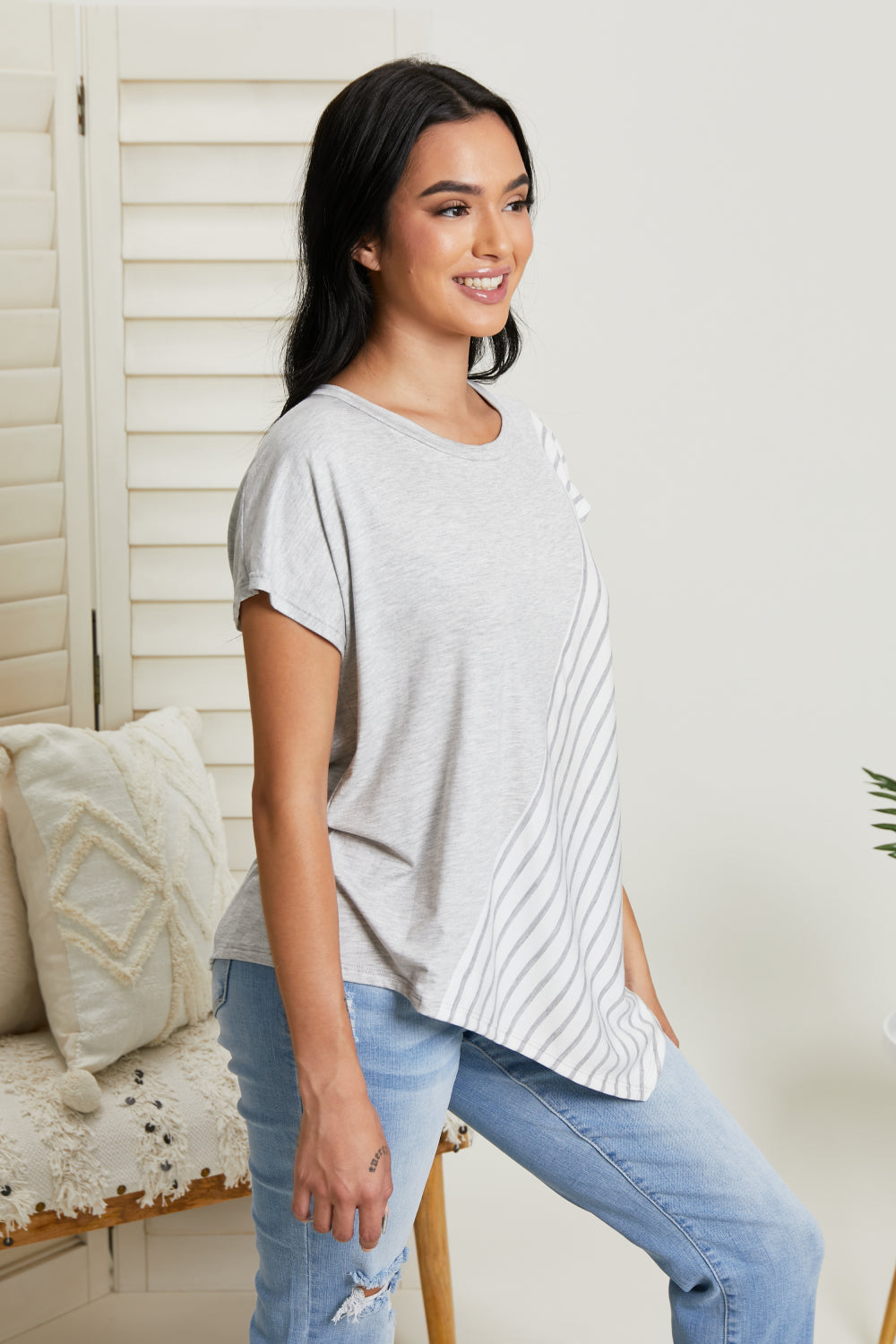 Sew In Love Spoonful of Sugar Full Size Striped Color Block Tee in Grey