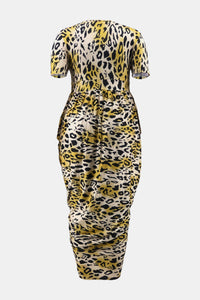 Plus Size Leopard Print Pleated Detail Midi Dress