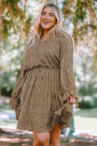 Plus Size Animal Print Long Flounce Sleeve Dress