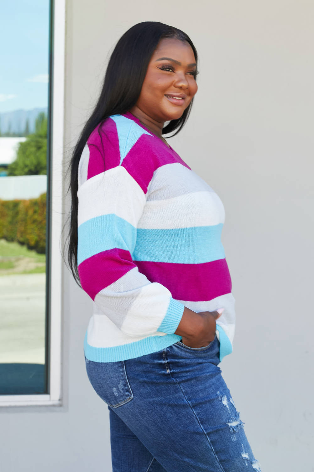 Sew In Love Full Size Color Block Round Neck Sweater