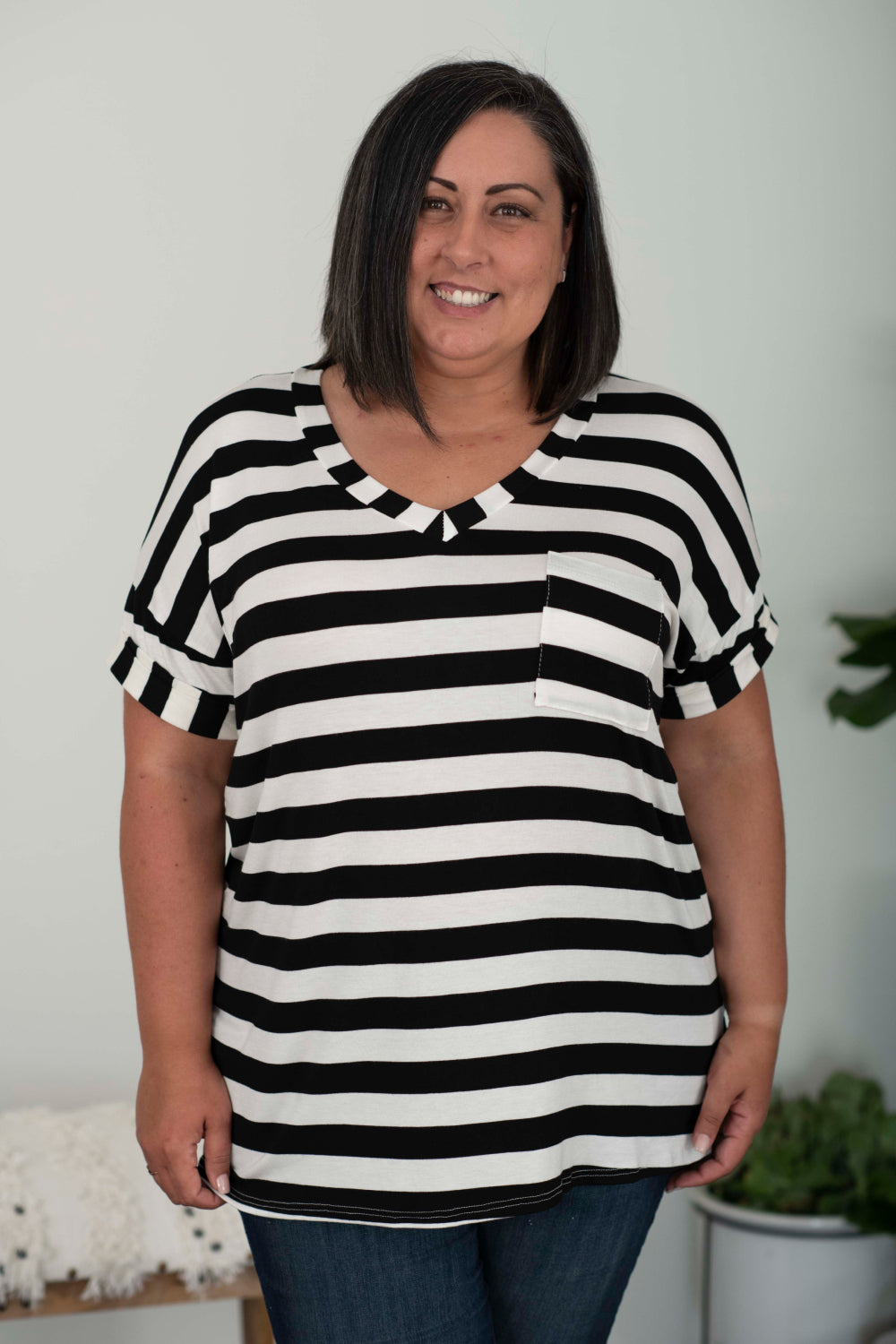 Sew In Love Out and About Full Size Striped Pocket Tee in Black and Ivory