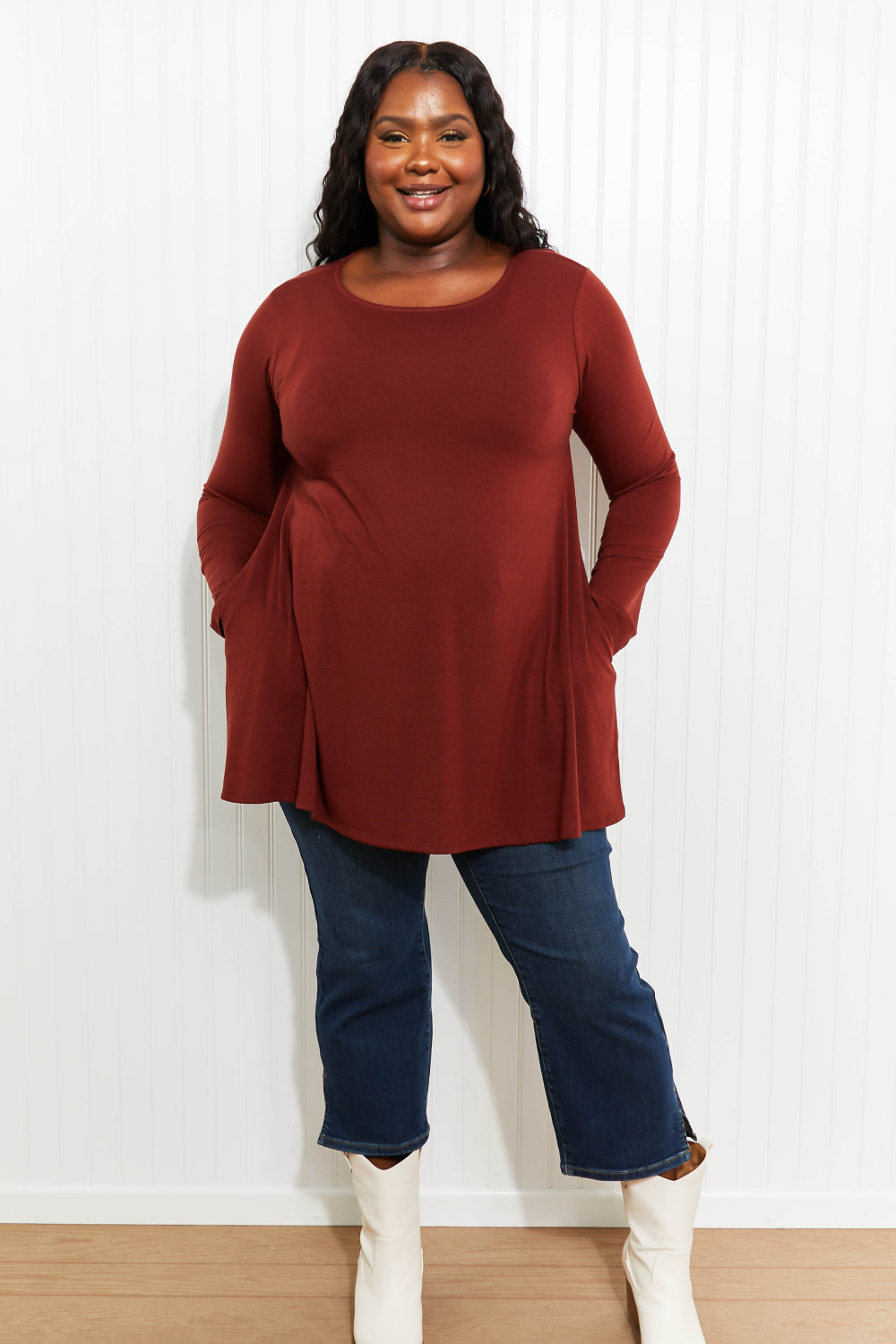 Zenana My Good Side Full Size Flared Tunic Top with Pockets