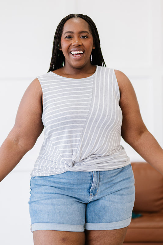 Zenana Just a City Girl Full Size Striped Twist Detail Tank in Grey and Ivory