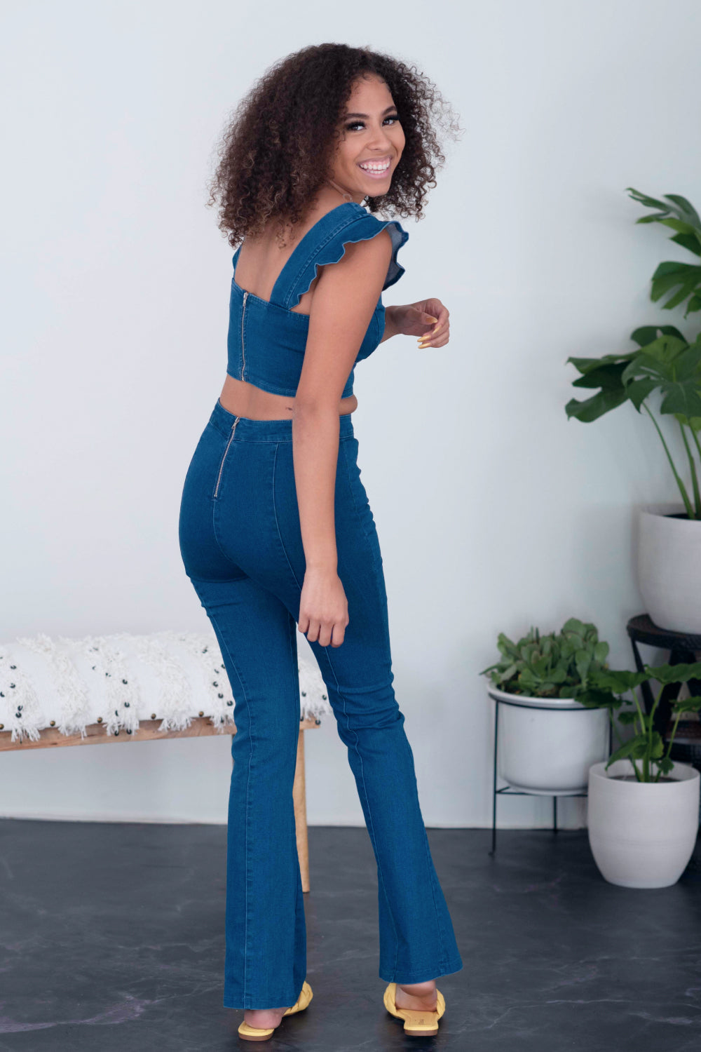 SHOPIRISBASIC One in a Million Denim Crop Top and Flare Pants Set