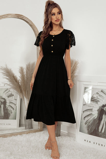 Lace Sleeve Tiered Midi Dress with Button Detail