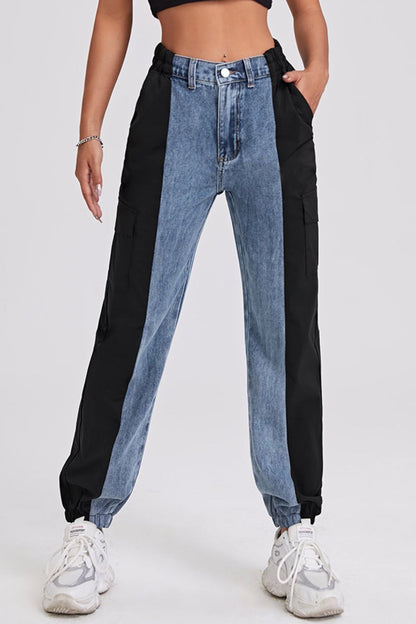 Two-Tone Elastic Hem Jeans