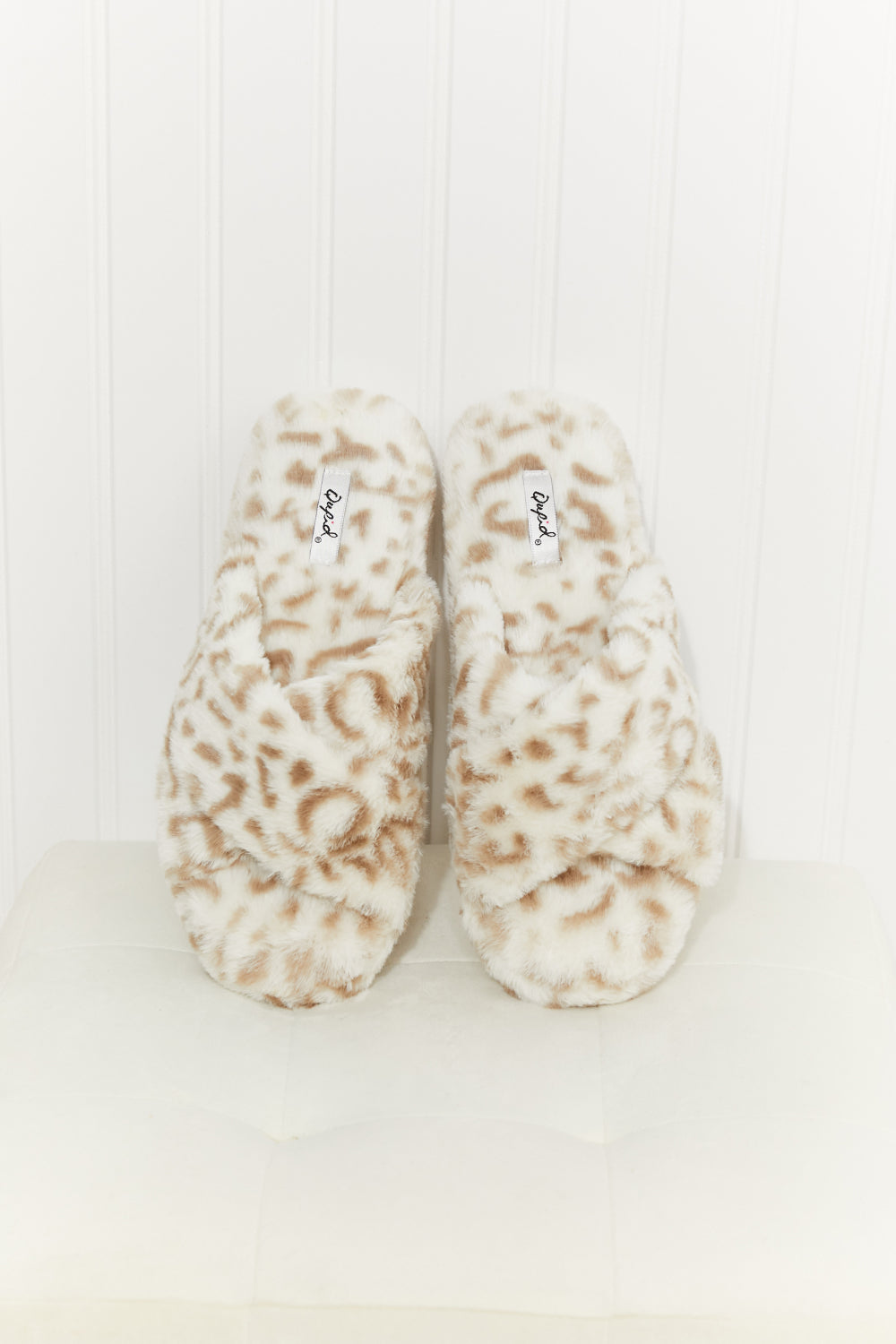 Qupid Lounging at Home Leopard Faux Fur Crisscross Slide Slippers