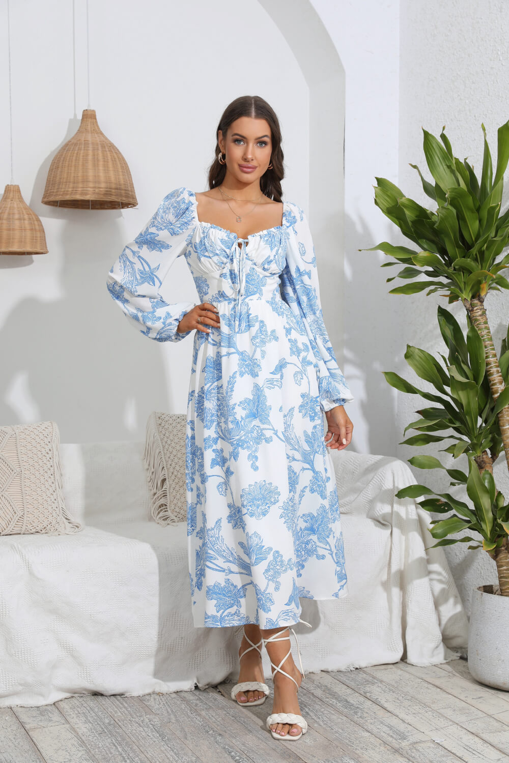 Floral Tie Front Sweetheart Neck Midi Dress