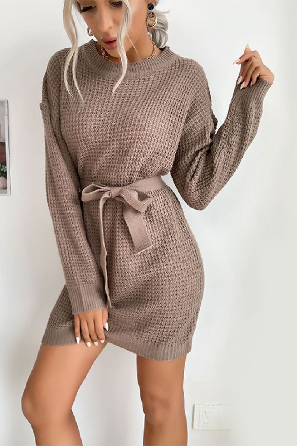 Tie Waist Waffle Knit Sweater Dress