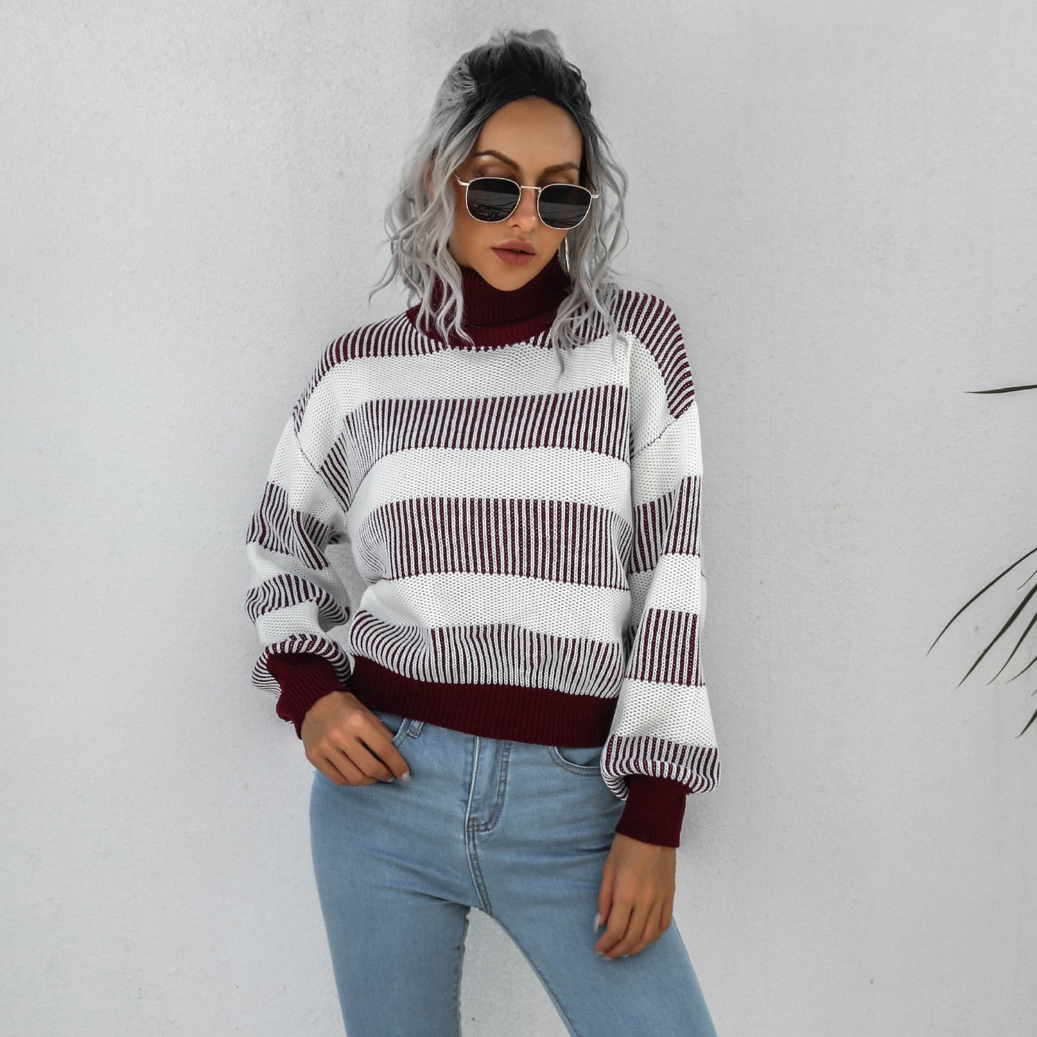 Striped Ribbed Trim Lantern Sleeve Turtleneck Sweater