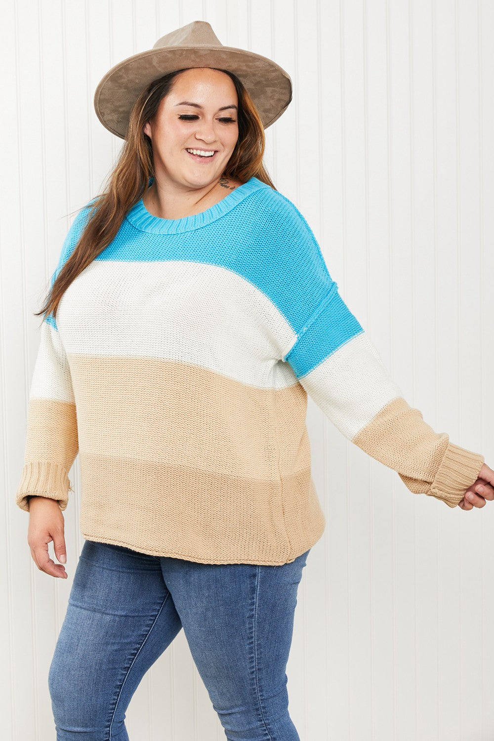 Sew In Love Full Size Color Block Exposed Seam Sweater