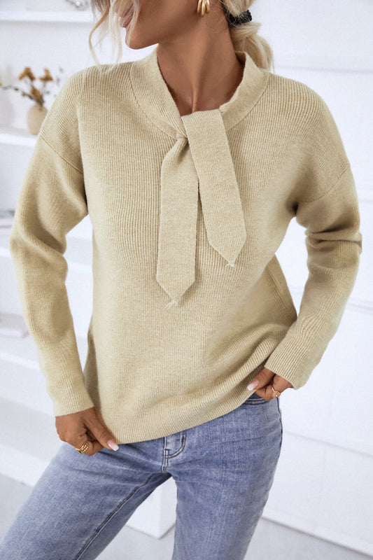 Scarf Detail Dropped Shoulder Knit Pullover