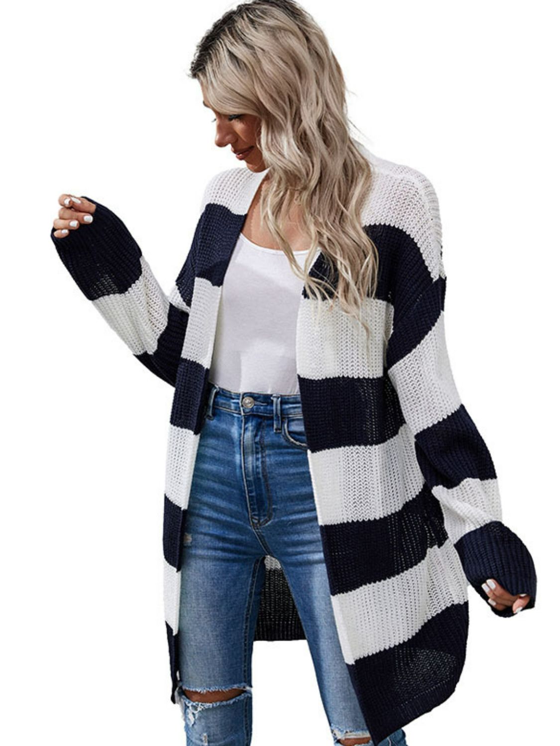 Striped Open Front Rib-Knit Longline Cardigan