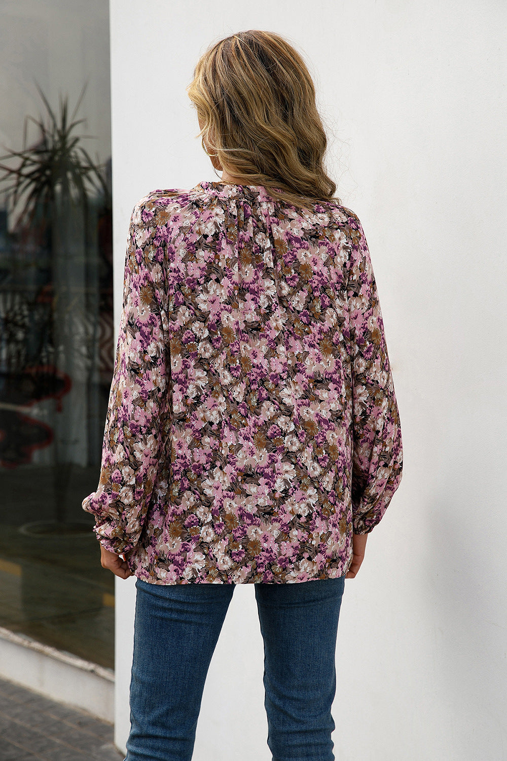 Floral Tie Neck Long Sleeve Blouse