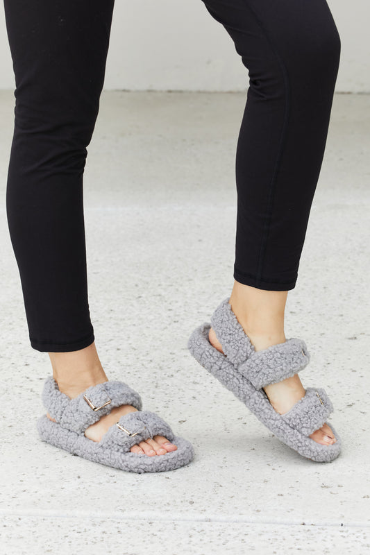 Qupid Cozy Atmosphere Faux Fur Buckled Sandals in Grey