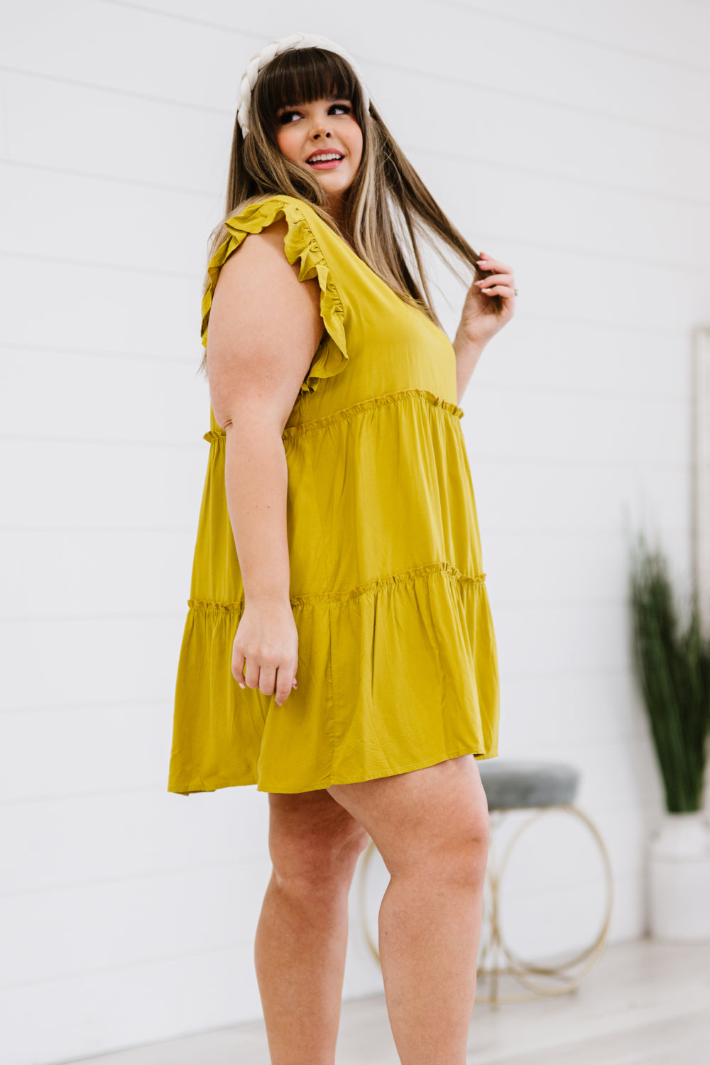 Zenana Call Me Later Full Size Tiered Mini Dress in Golden Wasabi