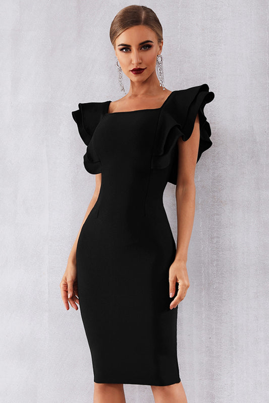 Solid Ruffle Shoulder Dress