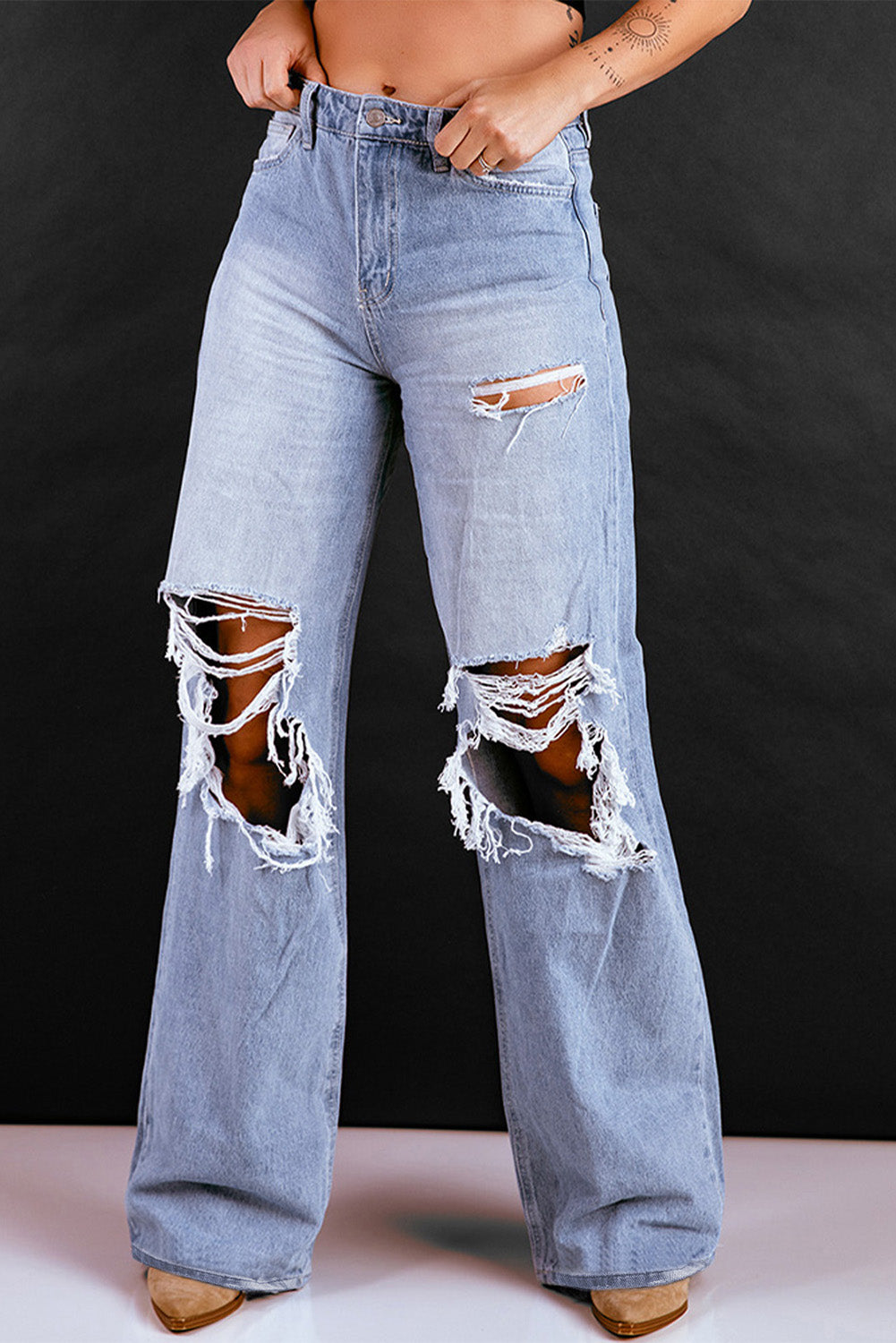 High Waist Distressed Wide Leg Jeans with Pockets