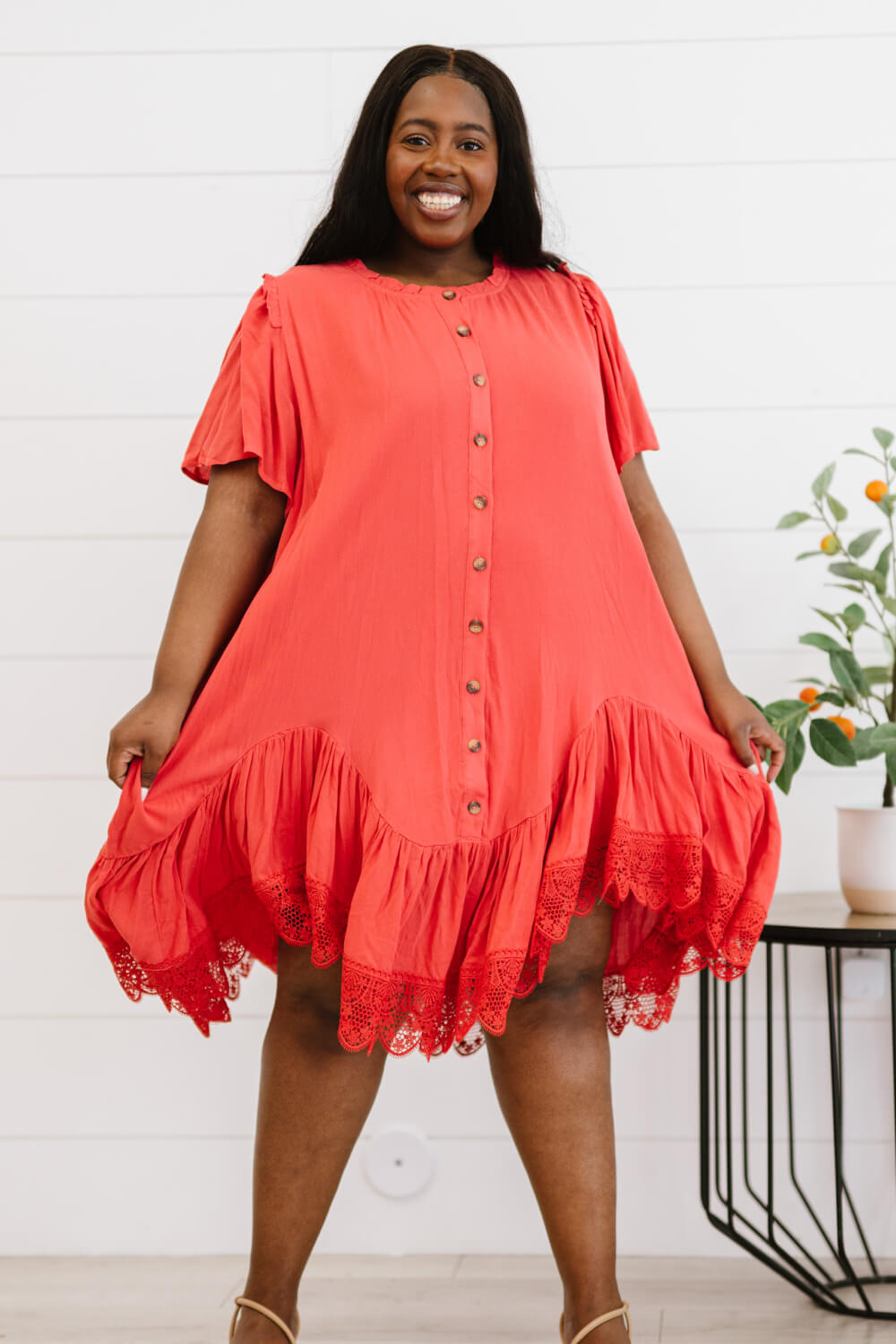 Davi & Dani Fly with Me Full Size Button Down Ruffle Dress