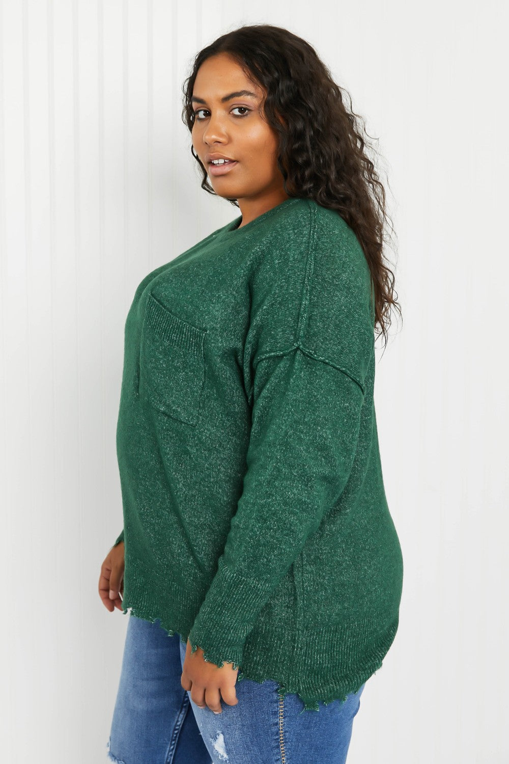 Zenana Pine Views Full Size Distressed Melange Sweater