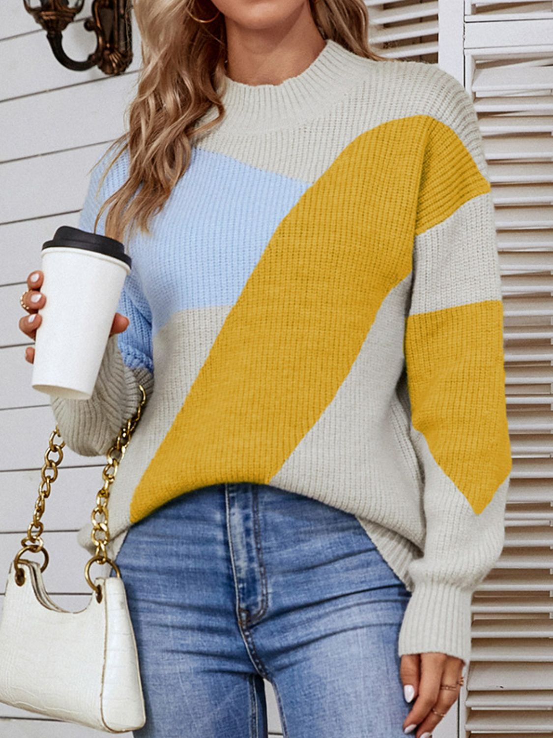 Color Block Dropped Shoulder Mock Neck Sweater