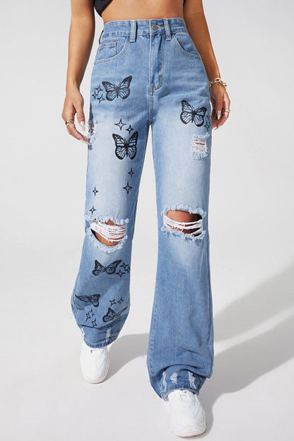 Butterfly Distressed Straight Leg Jeans