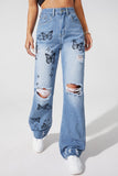 Butterfly Distressed Straight Leg Jeans