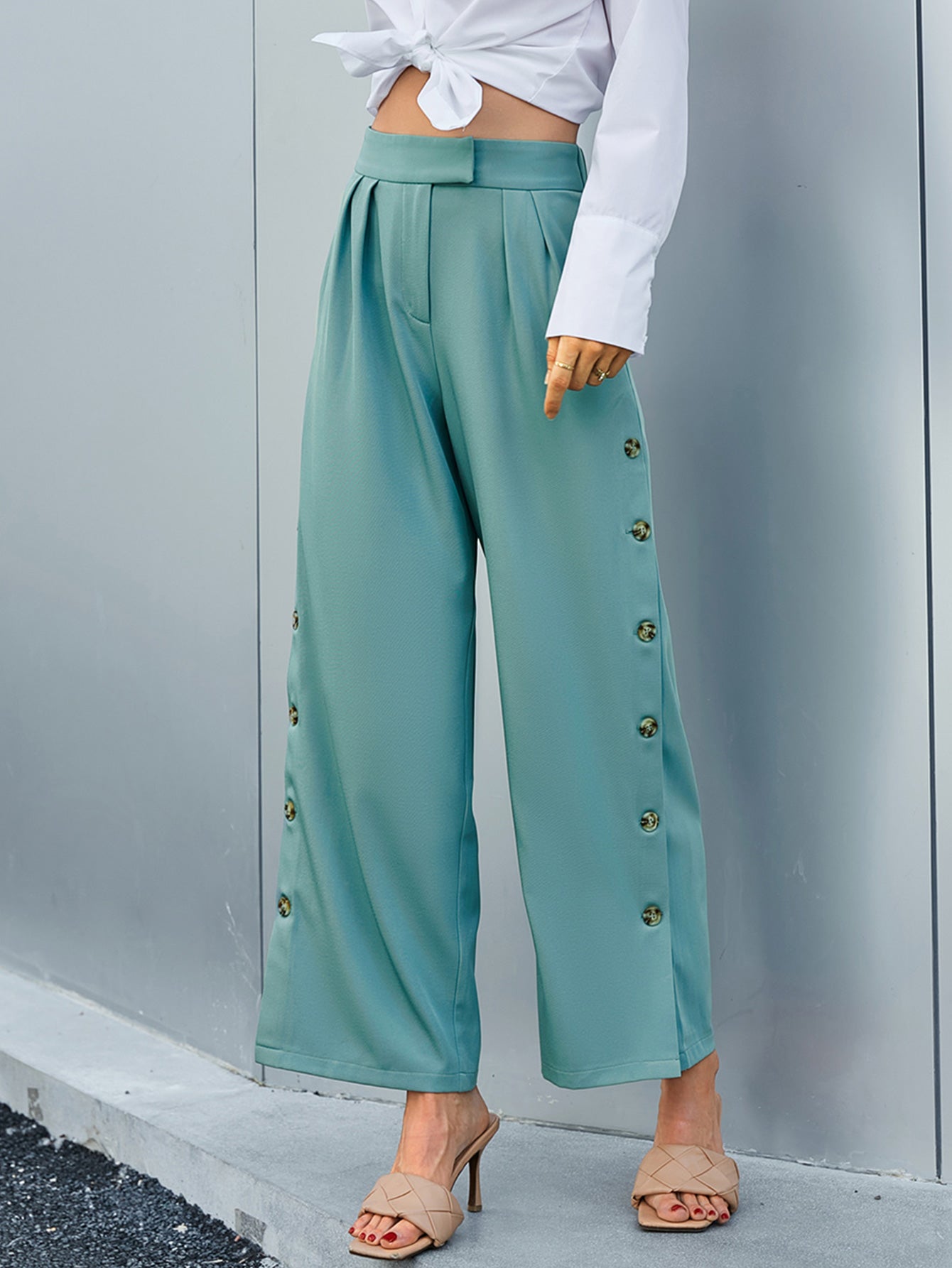 Side Button Wide Leg Pants with Pockets